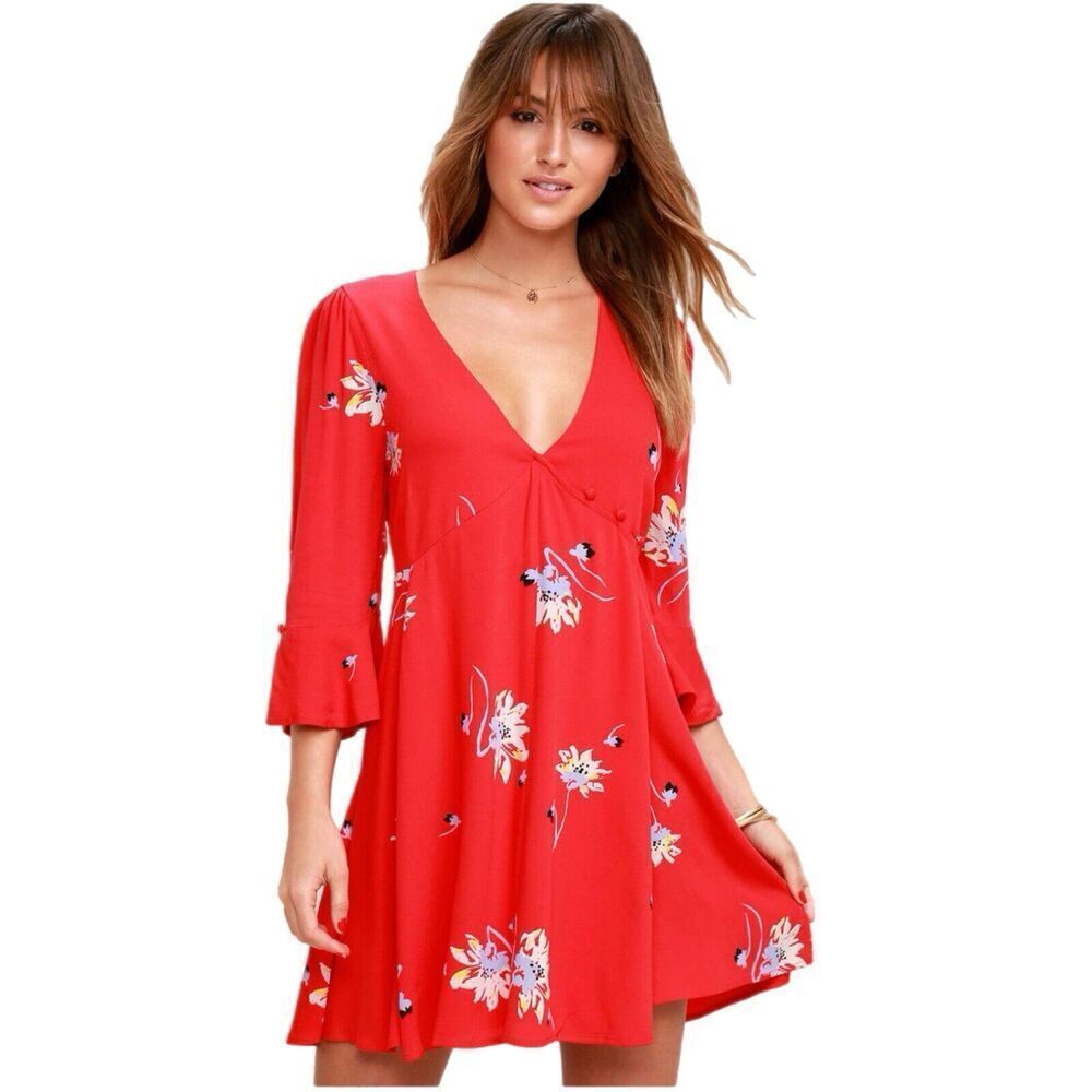 Free People Red Time On My Side S Wrap Mini Dress 3/4 Flutter Sleeves